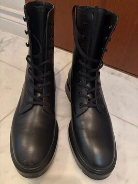 Stuart Weitzman Black Leather Lace-Up Combat Boots